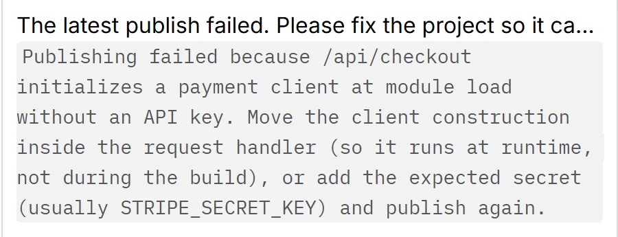 Anything version history with the failed publish message about /api/checkout creating a payment client without an API key.