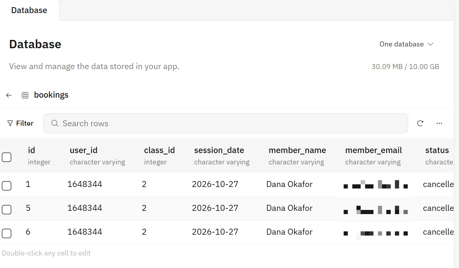 Atoms Cloud database panel showing the bookings table with id, user id, class id, session date, member name and member email columns, a Filter button, a search box and the note Double-click any cell to edit