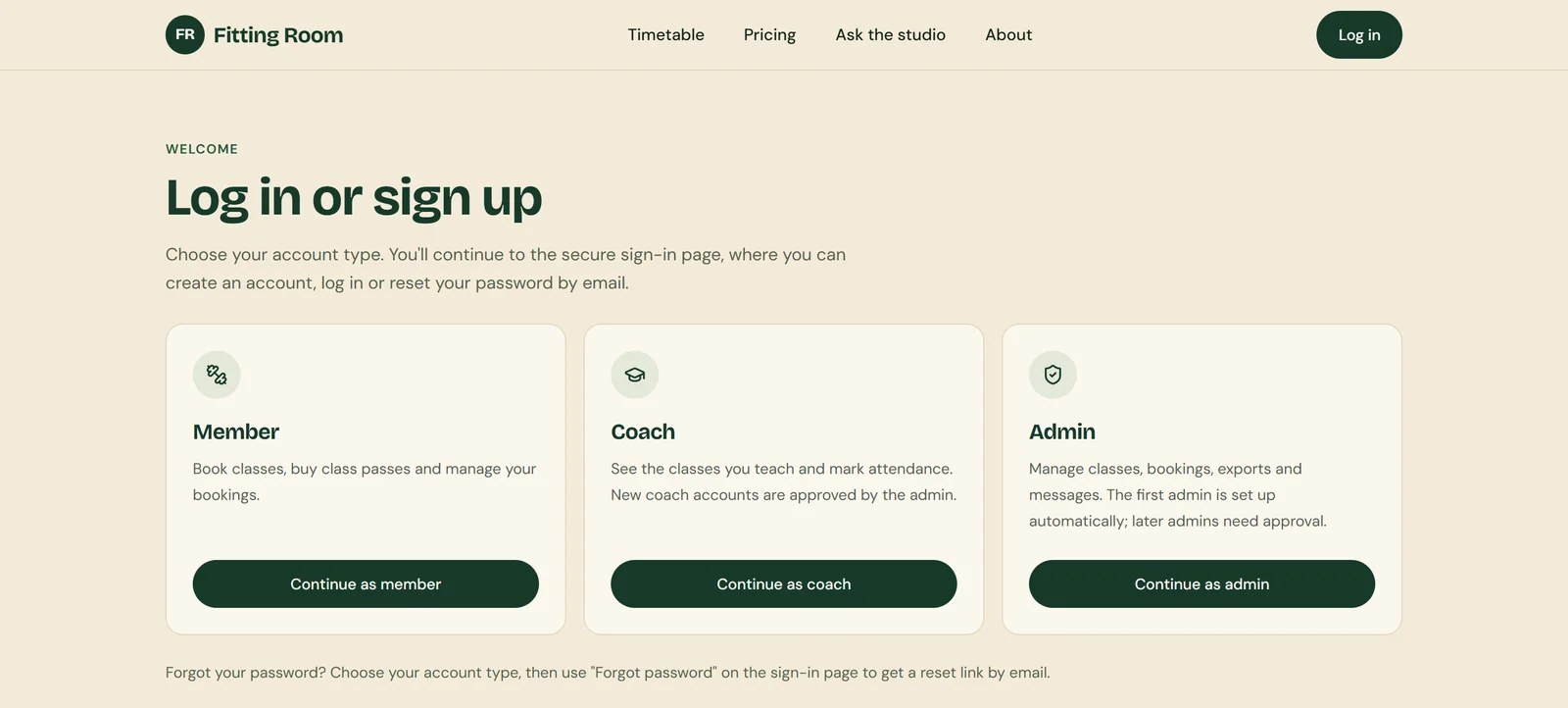 Atoms test app log-in page with three cards: Member, Coach and Admin, each with a Continue button, and a line about the first admin being set up automatically