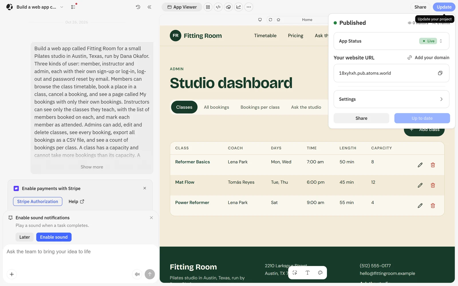 Atoms builder with the pasted Fitting Room brief in the chat on the left, the app preview on the right and the publish dialog open showing Published, App Status Live and the address 18xyhxh.pub.atoms.world