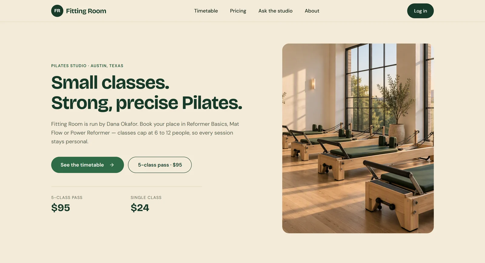 Atoms test app live home page: Fitting Room, Small classes. Strong, precise Pilates, with a studio photo, a See the timetable button and the prices $95 for the 5-class pass and $24 for a single class