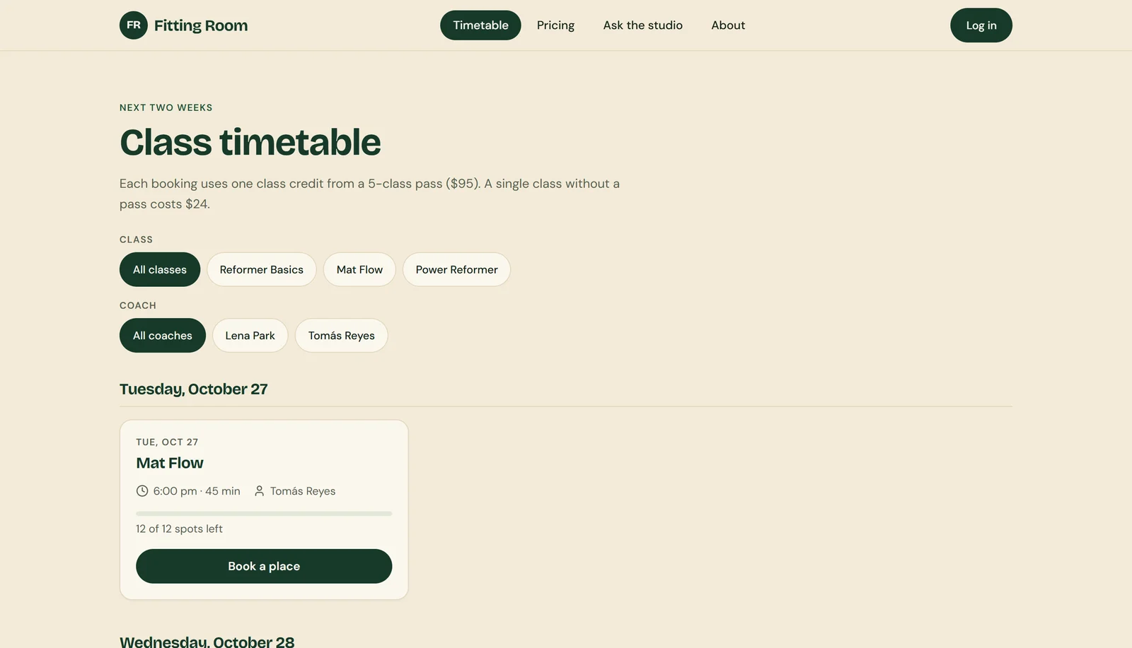 Atoms test app live timetable with a Class row of filters and a Coach row with All coaches, Lena Park and Tomás Reyes, a Mat Flow class card and the Made by Atoms badge, in dark green and cream