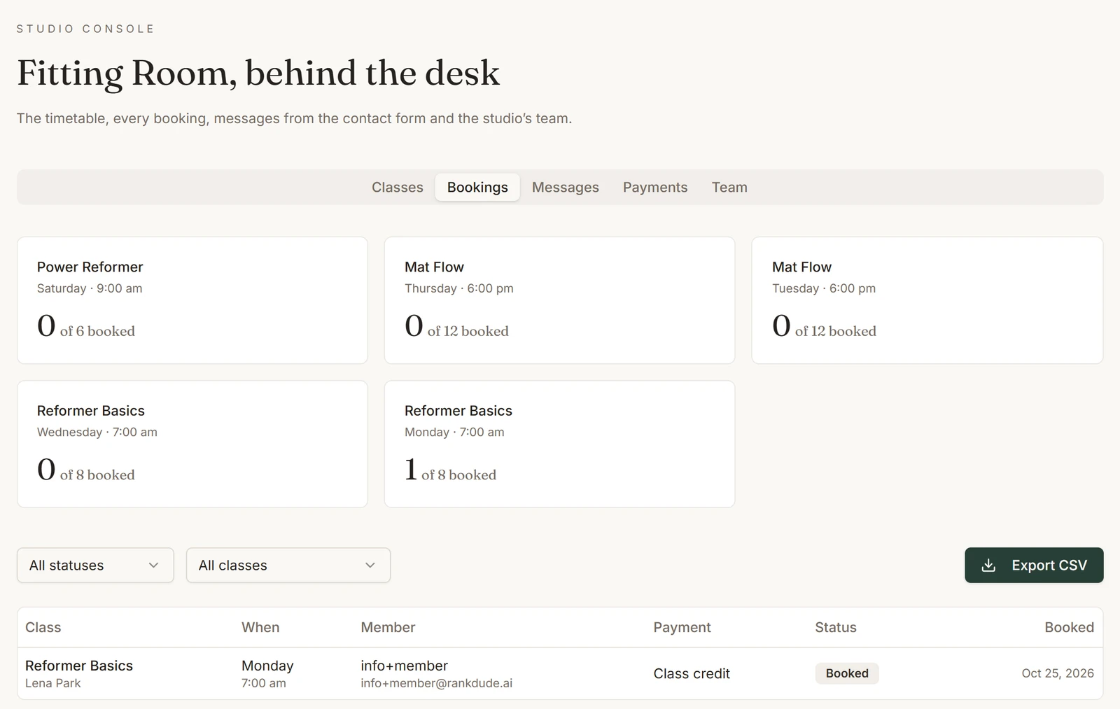 Base44: The studio console's Bookings tab as the admin sees it, with the CSV export button.
