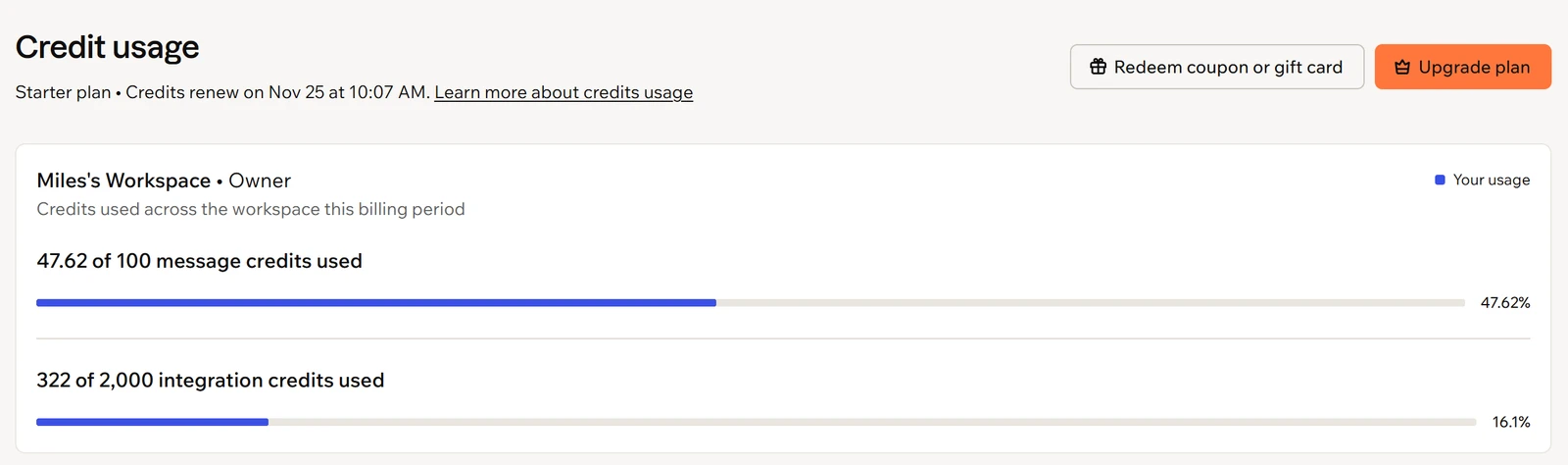 Base44: Credit usage at the end of the test: 47.62 of 100 message credits and 322 of 2,000 integration credits.