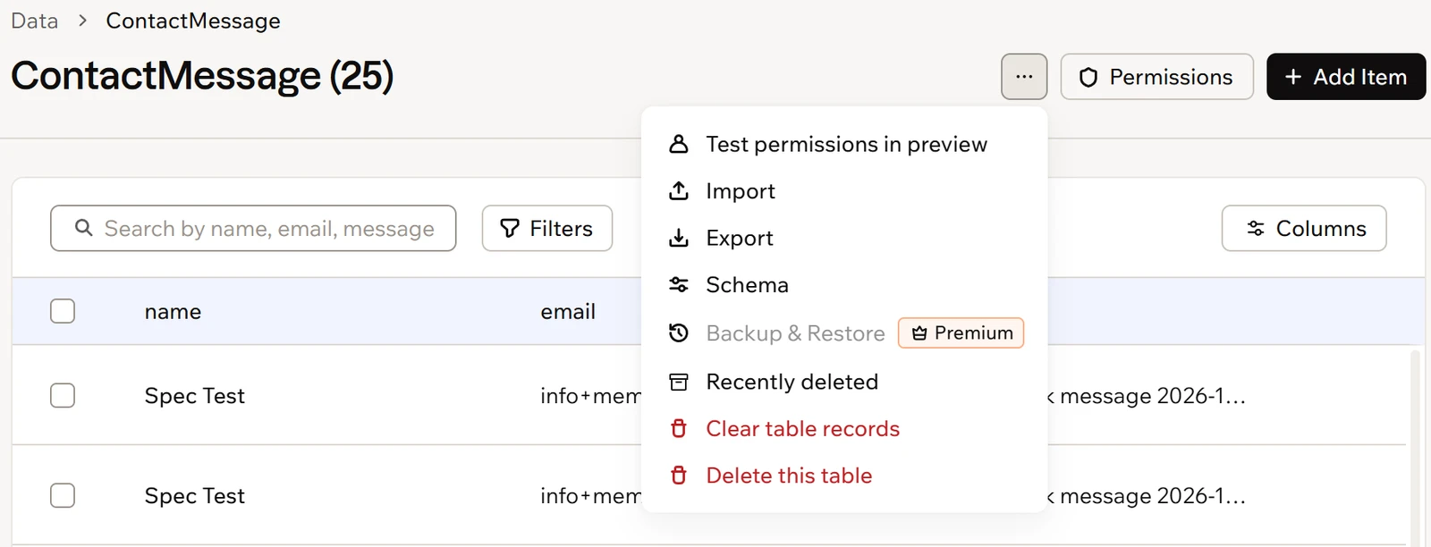 Base44: The data panel's actions menu, with Export, and Backup & Restore marked Premium.
