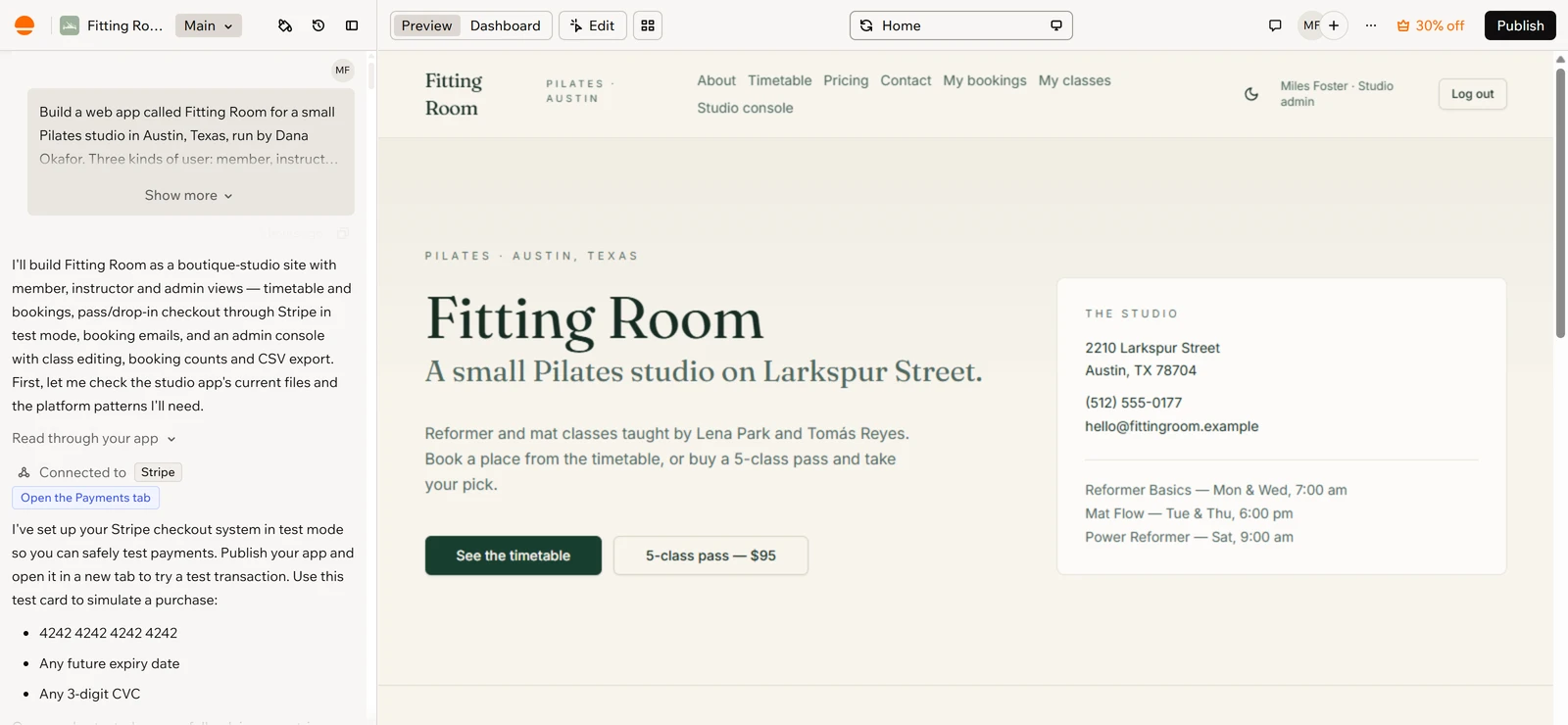 Base44: The first draft in Base44's editor after a page reload: the finished Fitting Room home page.