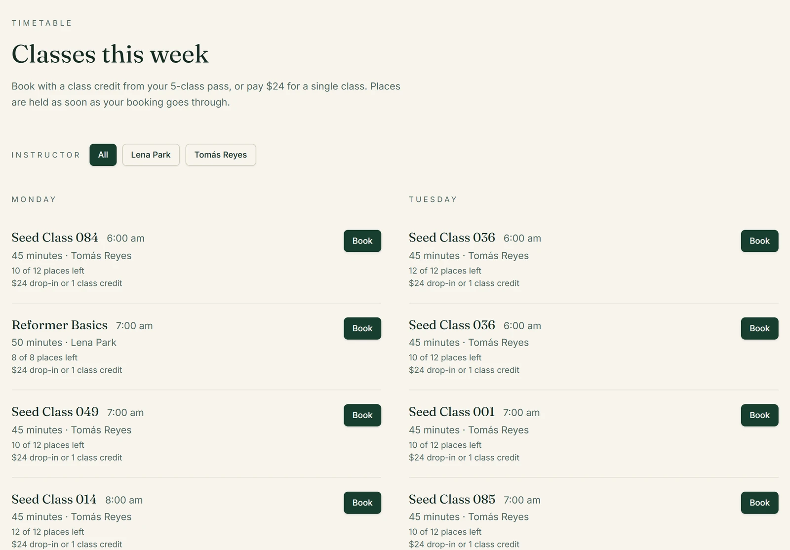 Base44: The live timetable with 100 seeded classes, on the published app.