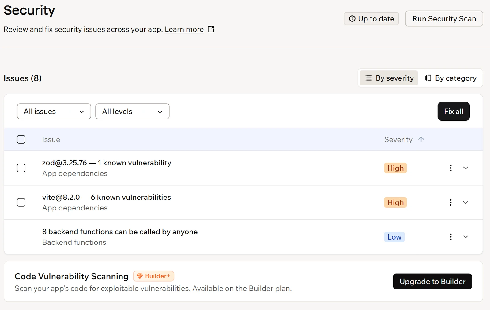 Base44: Base44's own security panel after the final scan: 8 issues, none about access.