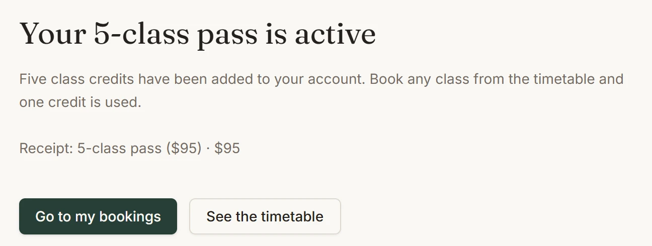 Base44: After the Stripe test payment: the pass is active and the receipt reads $95.