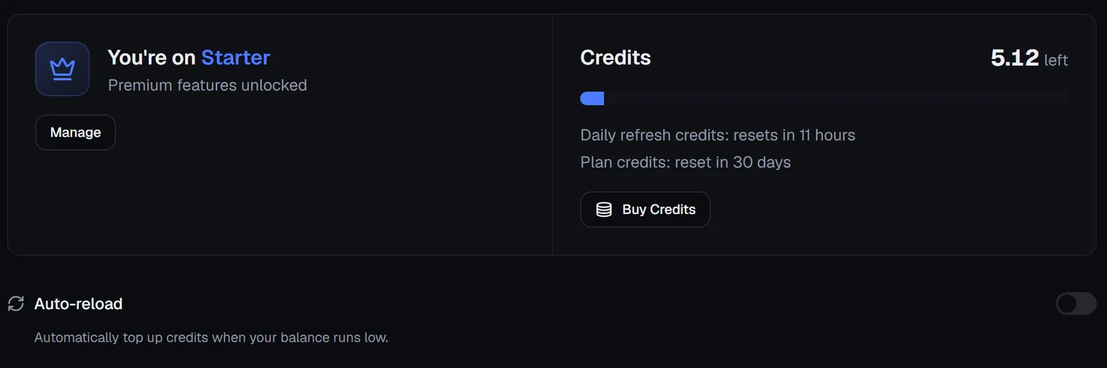 Blink Usage page: You're on Starter, credits 5.12 left, daily refresh credits reset in 11 hours, plan credits reset in 30 days, and the auto-reload switch turned off