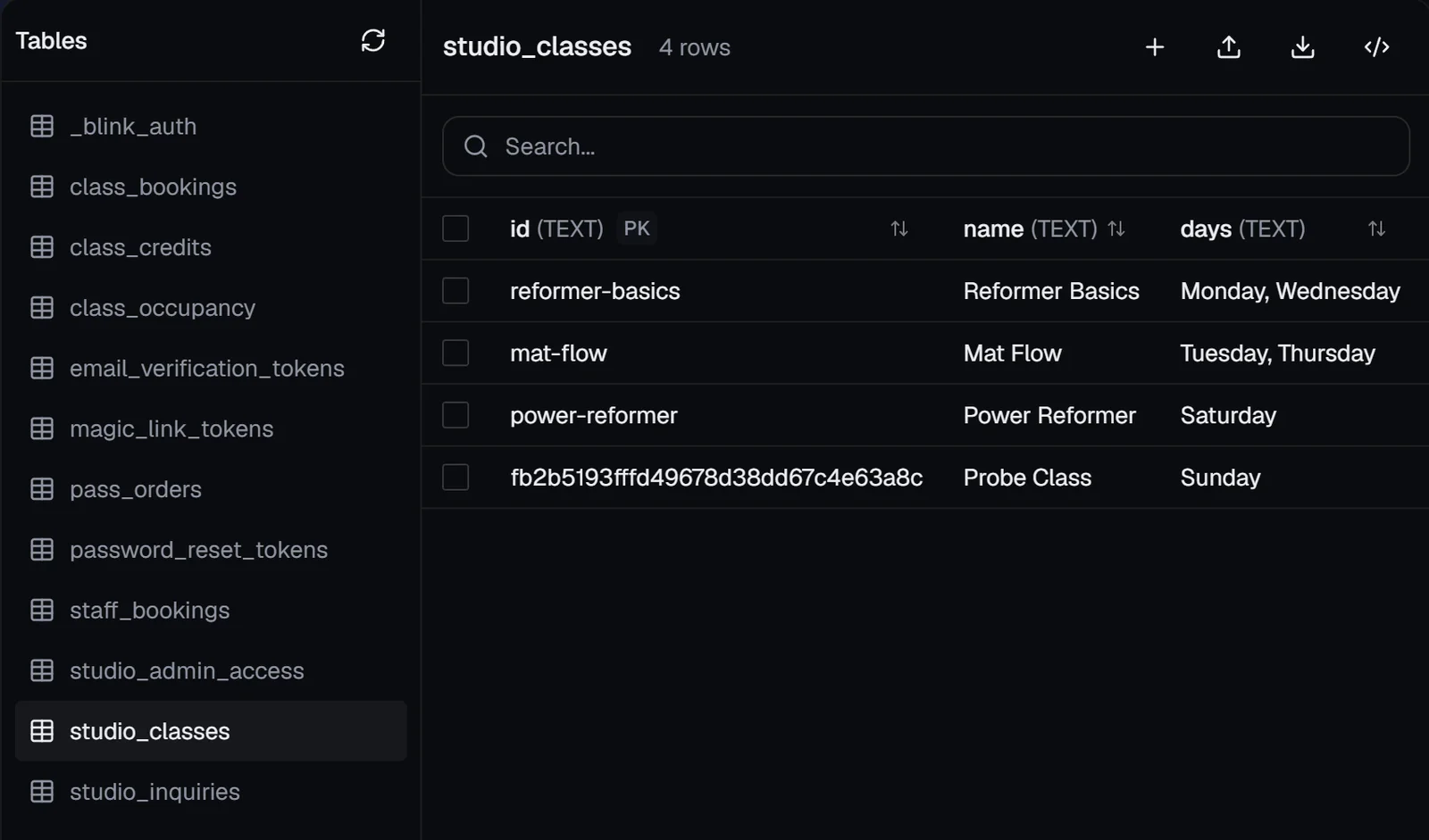 Blink editor database panel listing 15 tables and the studio_classes table with its rows: Reformer Basics, Mat Flow, Power Reformer and a probe class