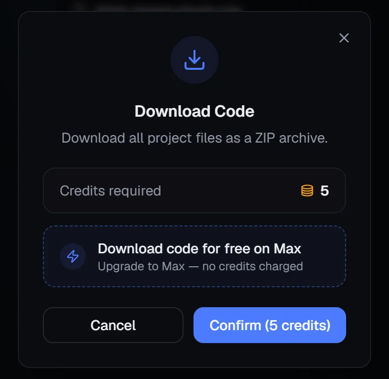 Blink Download Code dialog: Download all project files as a ZIP archive, credits required 5, with an offer to download for free on Max and a Confirm (5 credits) button