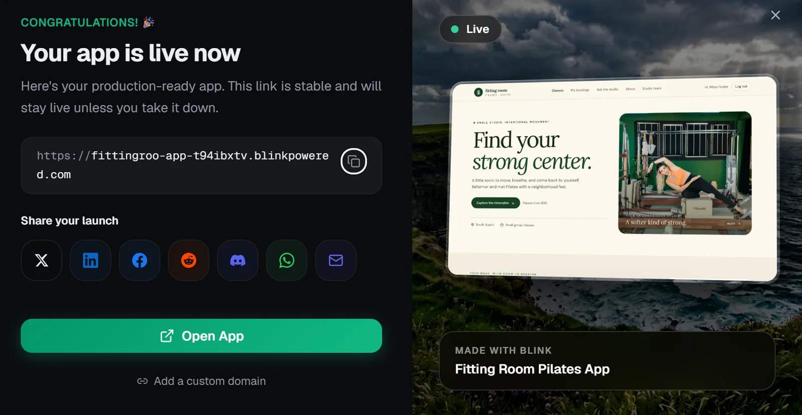 Blink dialog reading Your app is live now, with the address fittingroo-app-t94ibxtv.blinkpowered.com, share buttons and an Open App button