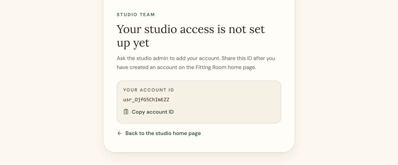 Blink test app Studio team page for the test admin account, saying Your studio access is not set up yet and showing an account ID to give to the studio admin