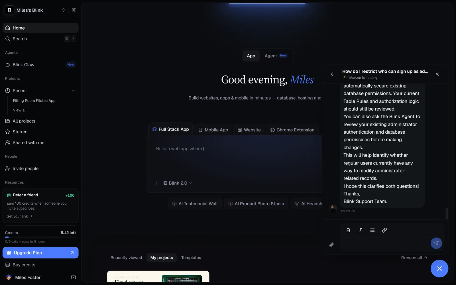 Blink workspace with the support message form open on the right showing the end of a reply from a Blink support team member