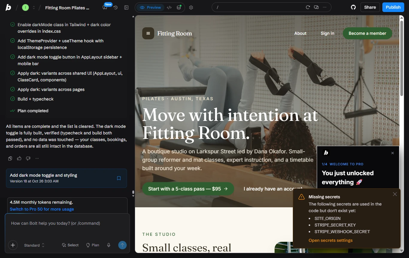 Bolt.new: Bolt.new's editor after the dark mode change: the finished build plan ticked off in the chat and the app preview beside it.