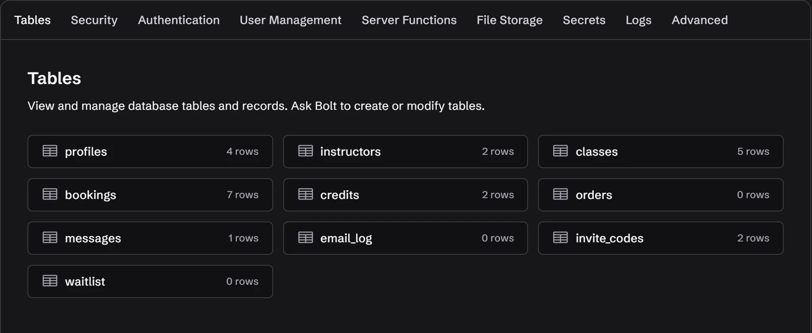 Bolt.new: Bolt.new's database panel listing ten tables with row counts, including bookings with 7 rows and classes with 5 rows.