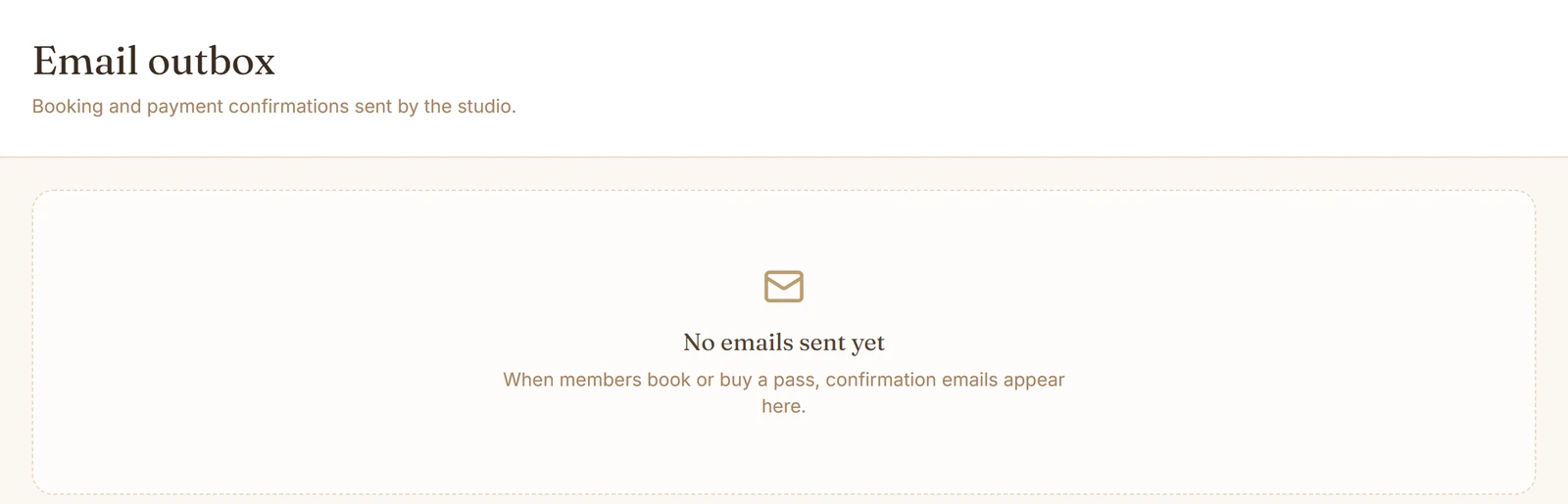 Bolt.new: The admin's Email outbox page in the Fitting Room app, empty, with the message No emails sent yet.