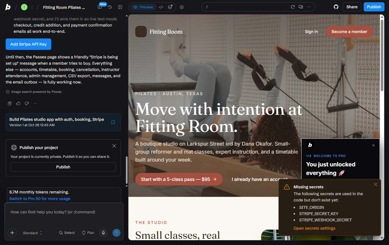 Bolt.new: The first draft in Bolt.new's editor: the chat on the left with the build summary and the missing-secrets warning, the finished home page on the right.