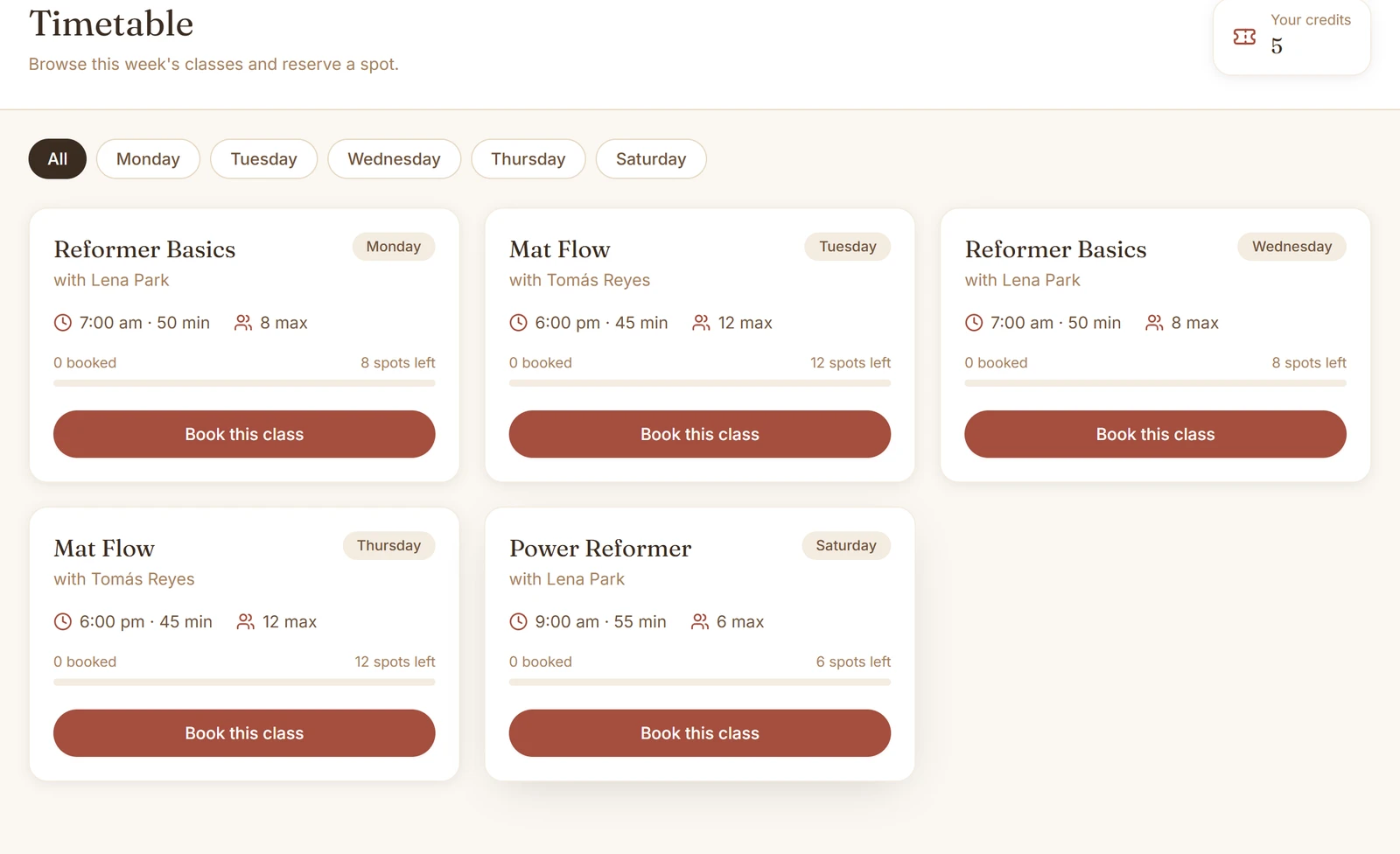 Bolt.new: The member timetable of the Fitting Room app: five class cards with coach, time, length and places left.