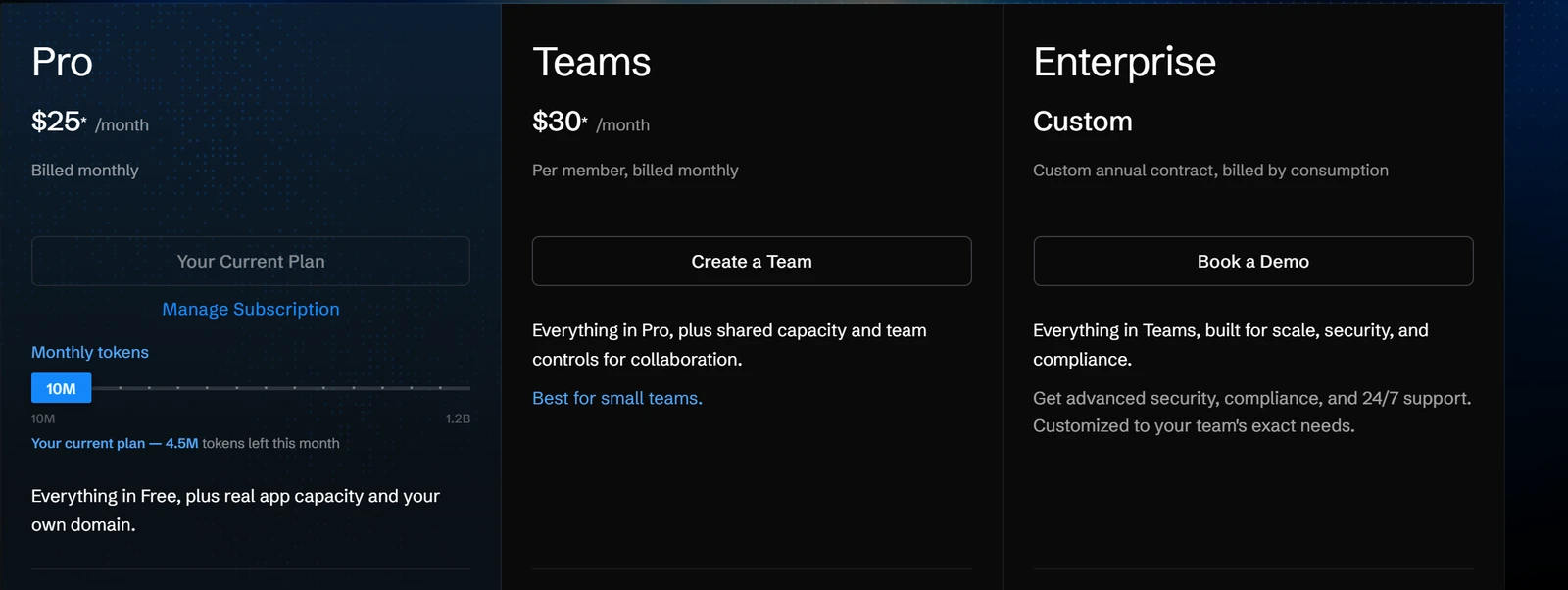Bolt.new: Bolt.new's pricing page, monthly billing: Pro at $25, Teams at $30 per member and Enterprise as a custom contract.