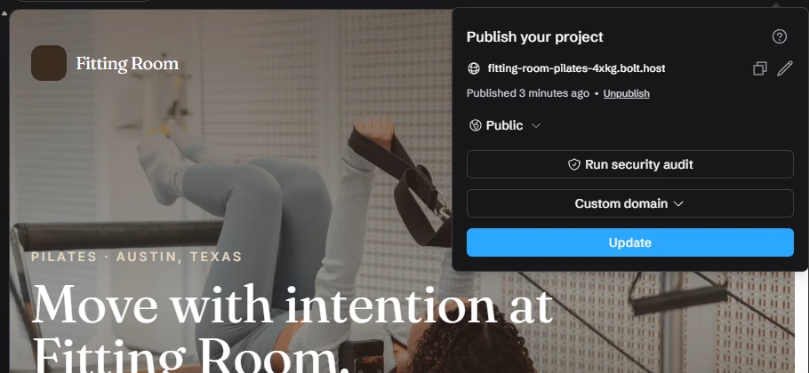 Bolt.new: Bolt.new's Publish dialog: the public address, Run security audit, Custom domain and the Update button.