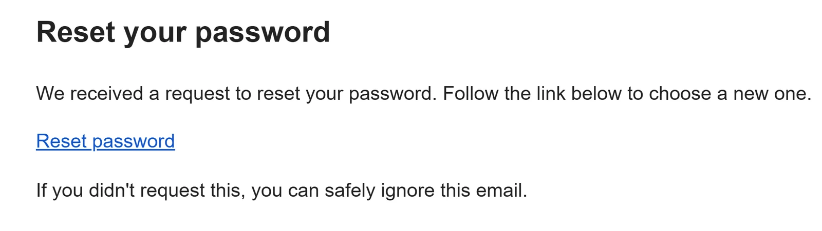 Bolt.new: the password reset email from the test app, with a Reset password link.