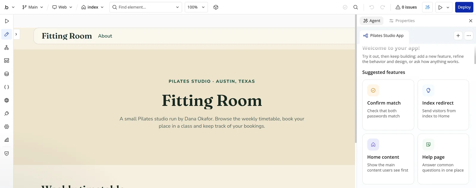 Bubble editor with the Fitting Room page on the left and the Agent chat on the right, showing the pasted brief under the suggested features
