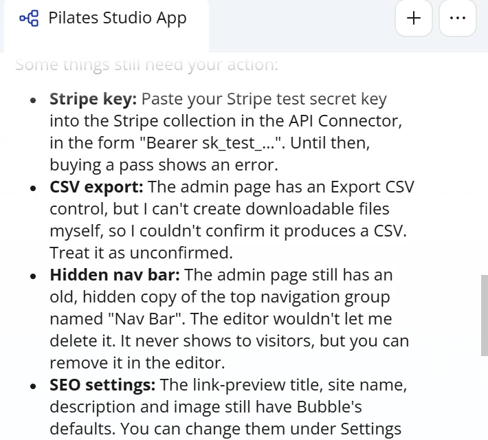 Bubble Agent chat listing what still needs the owner: a Stripe key for the API Connector, an unconfirmed CSV export, a hidden Nav Bar and default SEO settings