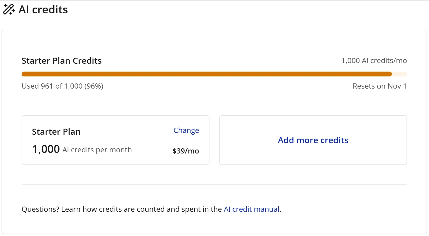 Bubble Settings plan page, AI credits section: Starter Plan Credits, used 961 of 1,000 (96%), resets on Nov 1, with 1,000 AI credits per month at $39 a month and an Add more credits button