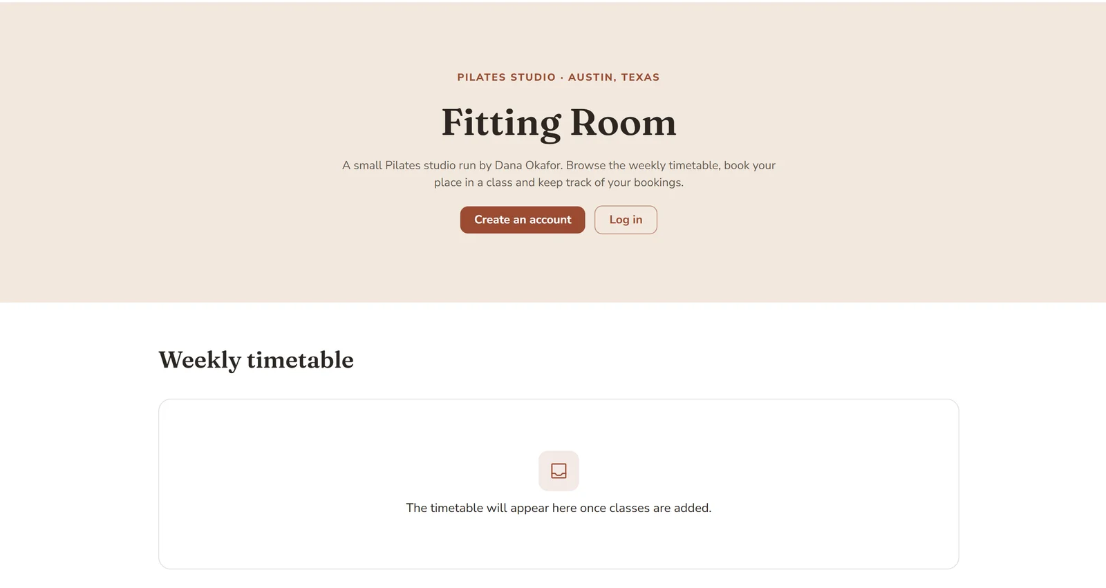 Bubble test app live home page with the Fitting Room hero and an empty Weekly timetable card reading The timetable will appear here once classes are added
