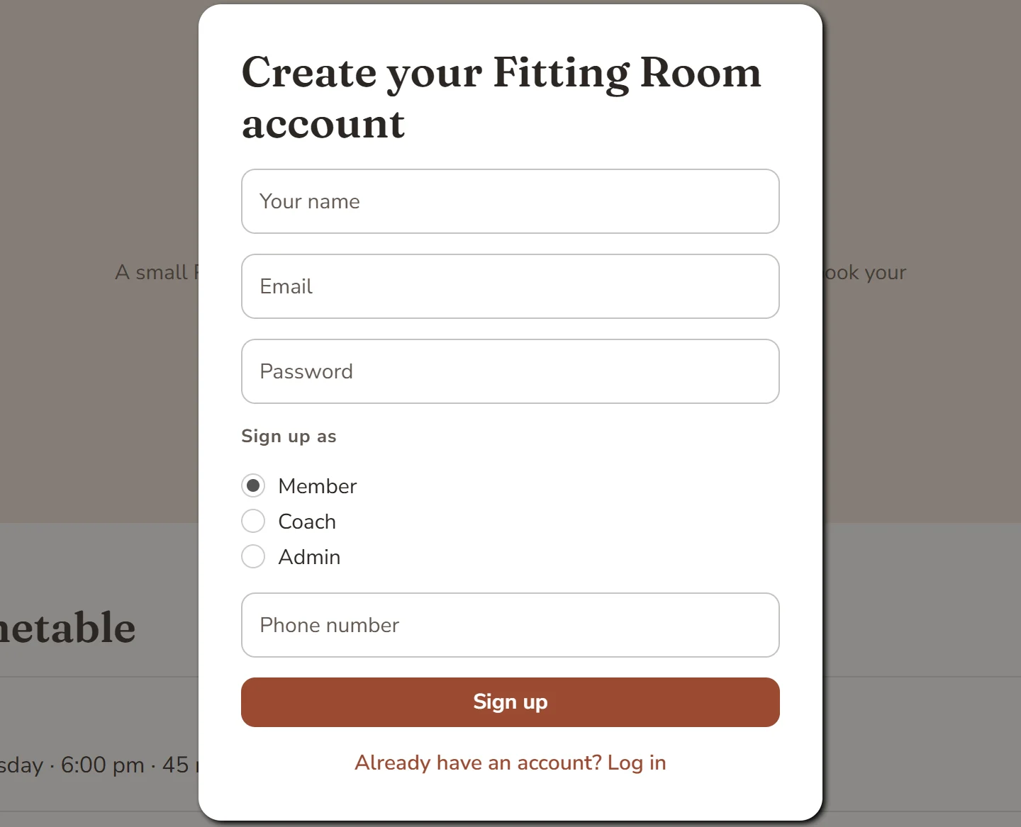 Bubble test app sign-up form with name, email and password fields and a Sign up as choice of Member, Coach and Admin, plus a phone number box