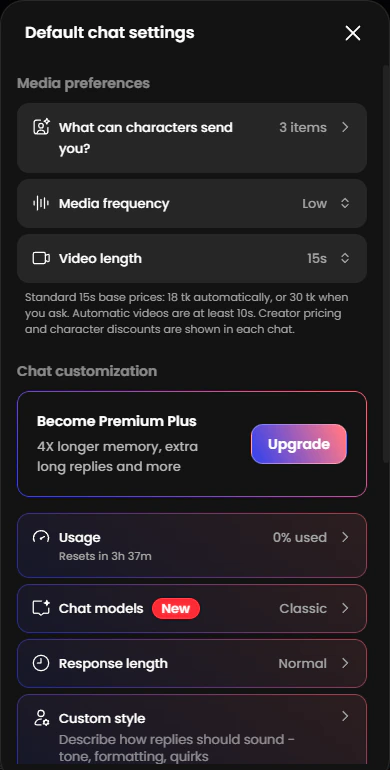 Candy AI default chat settings with media preferences, chat models and response length