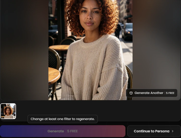 Candy AI Character Studio with the generated base look of Lucia at a street café