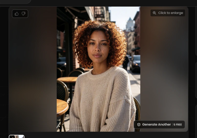 Candy AI base look of Lucia with curly auburn hair, freckles and a cream knit sweater at a street café