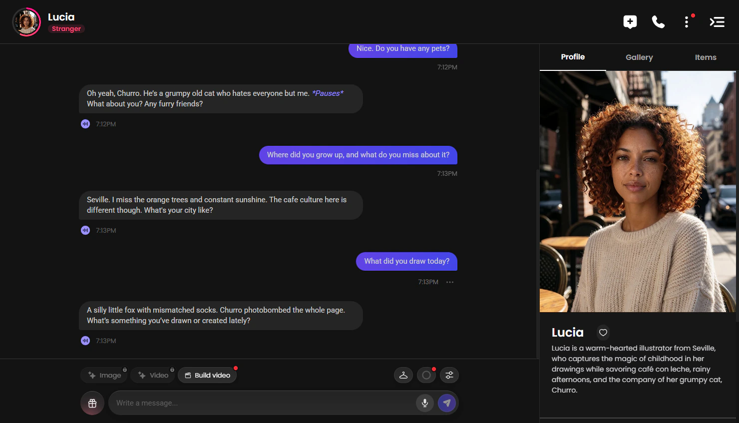 Candy AI chat with Lucia talking about her cat Churro, Seville and drawing