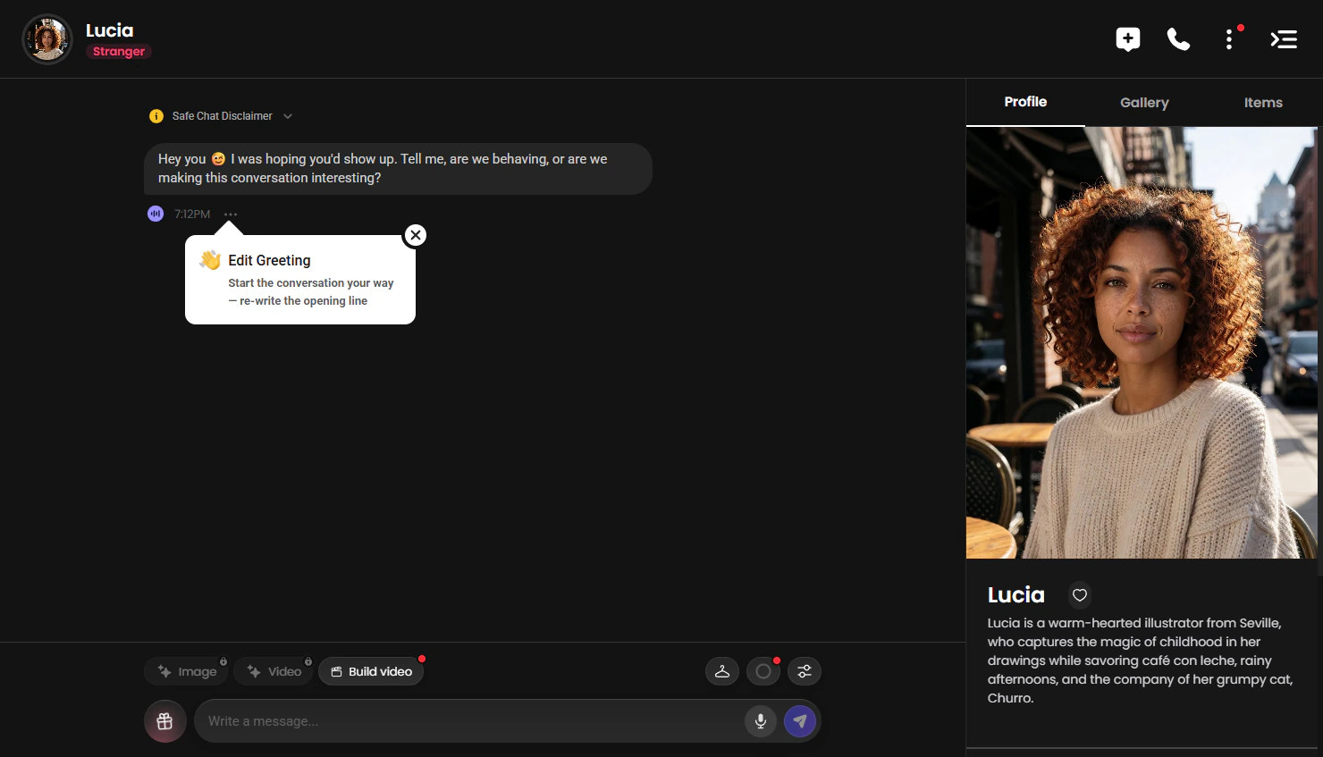 Candy AI chat with the custom character Lucia and her profile card