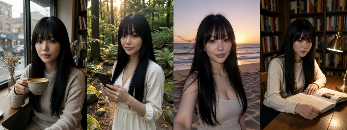 Candy AI: four generated photos of the character Dahye Hwang in different scenes