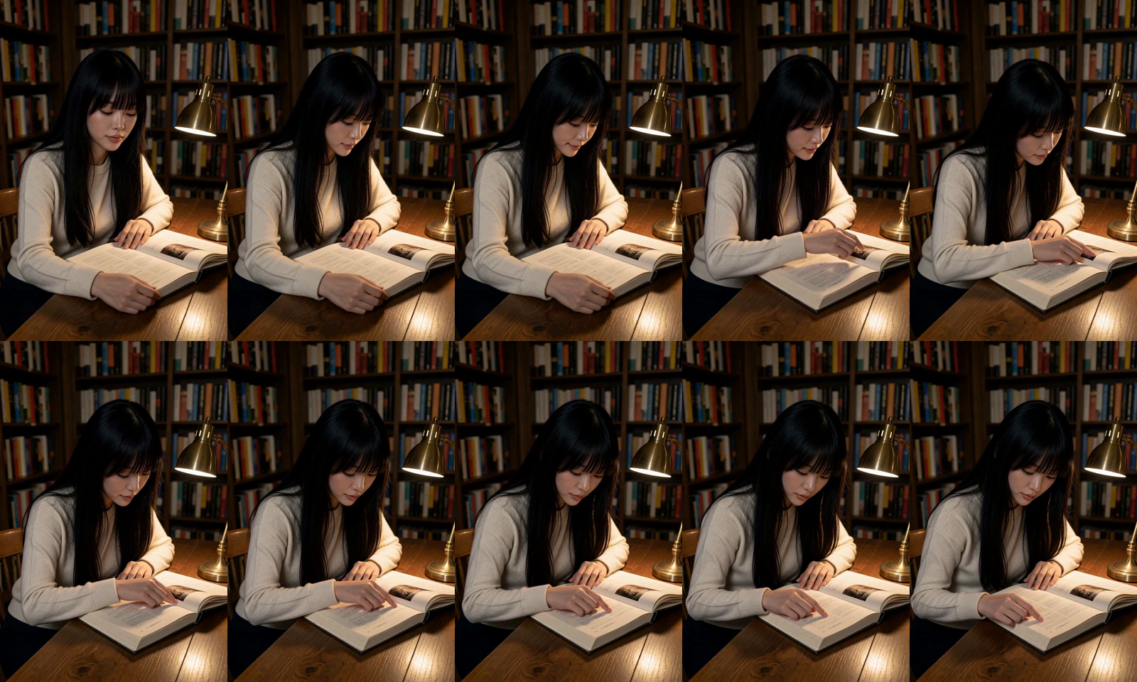 Candy AI: ten frames from a generated video of Dahye reading in a library