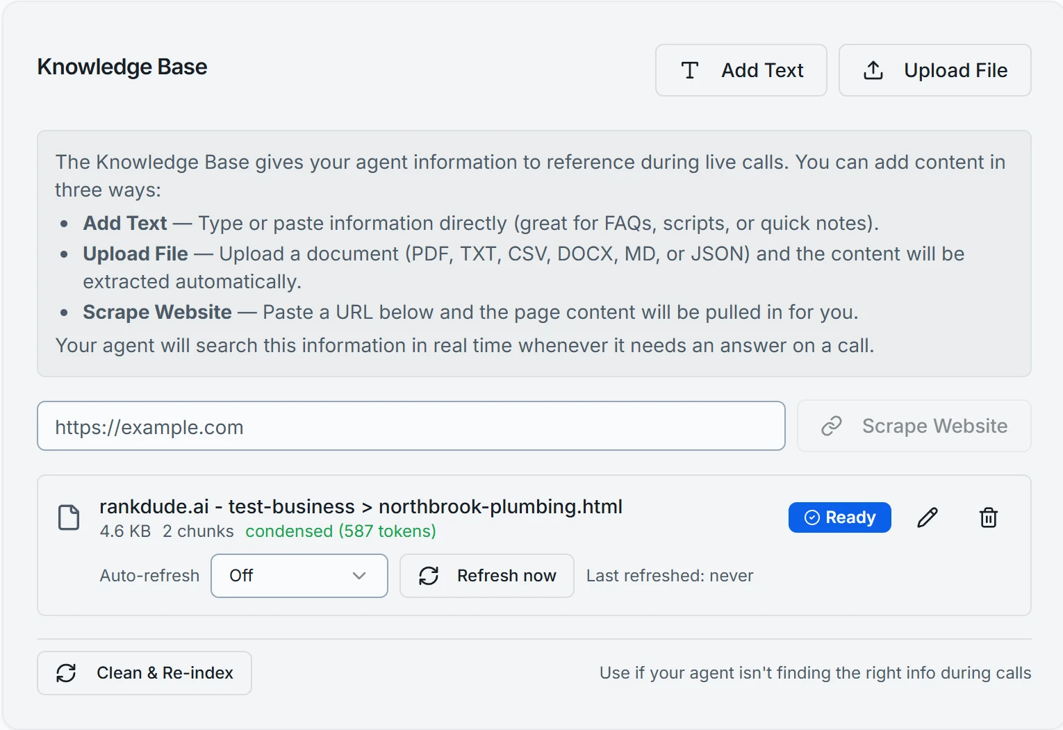 Dialzara's Knowledge Base tab for the Northbrook Plumbing & Heating agent, with the firm's page as a 4.6 KB entry in 2 chunks