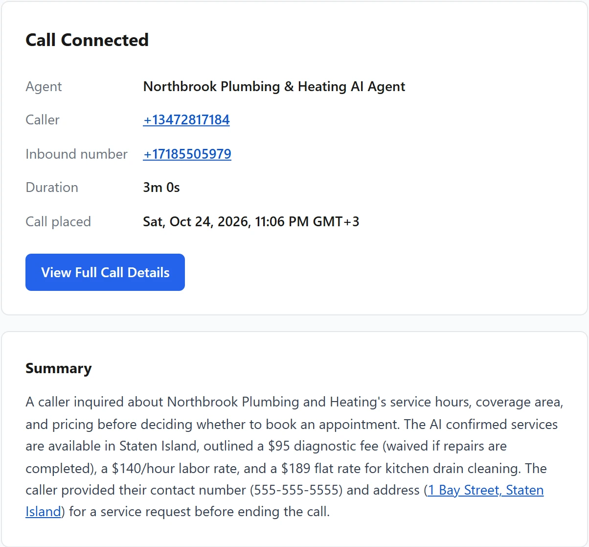Dialzara's 'Call Connected' email for call 1: agent, caller, duration, then a summary of the hours, coverage, $95 fee, $140 an hour and $189 drain price and the caller's number and address