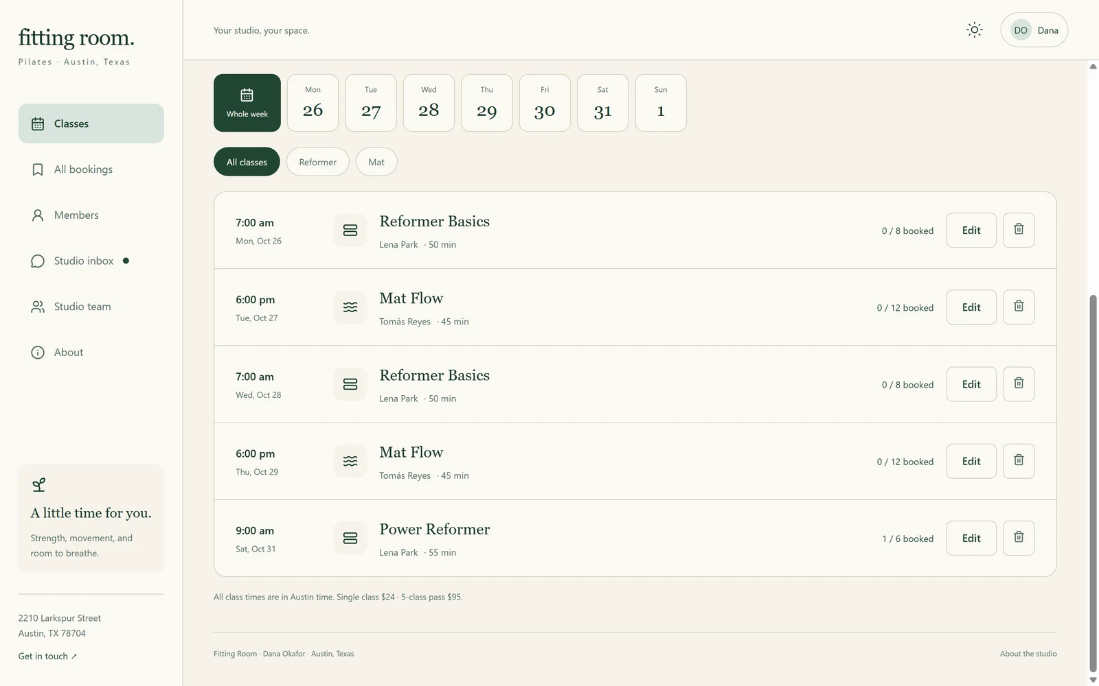 Draftbit test app admin classes screen in dark green and cream: five classes with times, instructors and 0 of 8, 0 of 12 and 1 of 6 booked, each with Edit and delete buttons