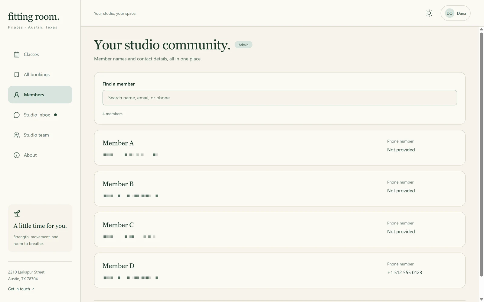Draftbit test app admin Members page in dark green and cream: Your studio community, a search box and four members with their emails hidden and a phone number column, one member showing +1 512 555 0123