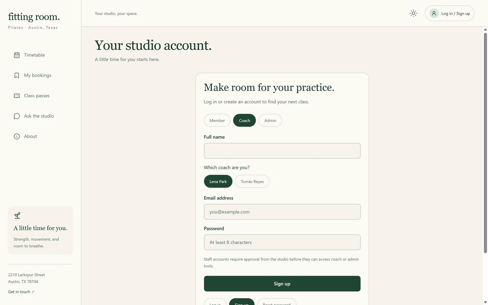 Draftbit test app sign-up form with Member, Coach and Admin tabs, the Coach tab chosen, a Which coach are you question with Lena Park and Tomás Reyes, and the note that staff accounts need approval from the studio before they can use coach or admin tools