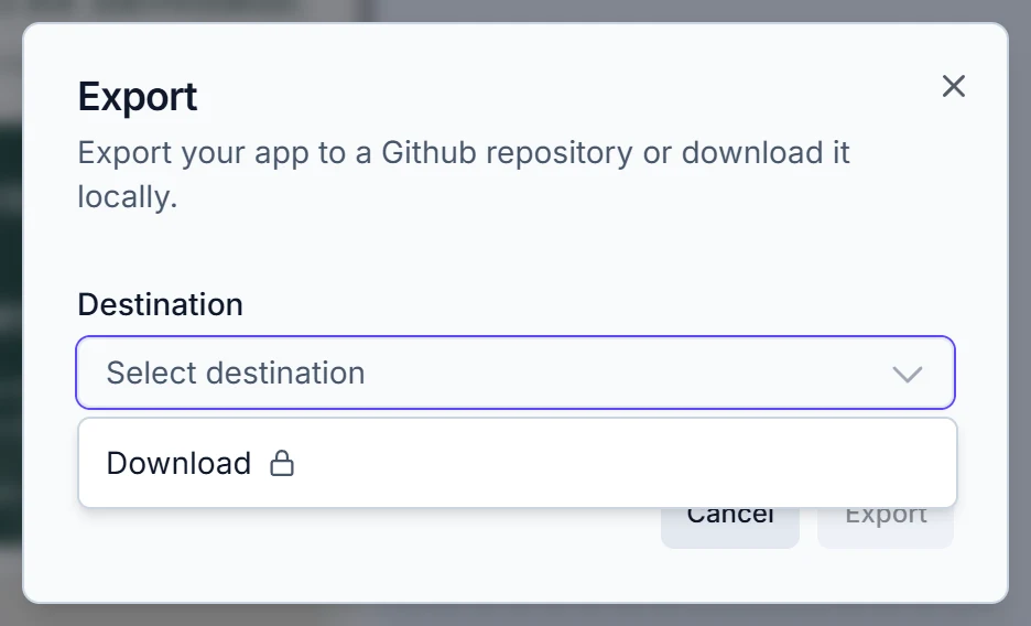 Draftbit Export dialog with a Select destination list showing Download with a padlock