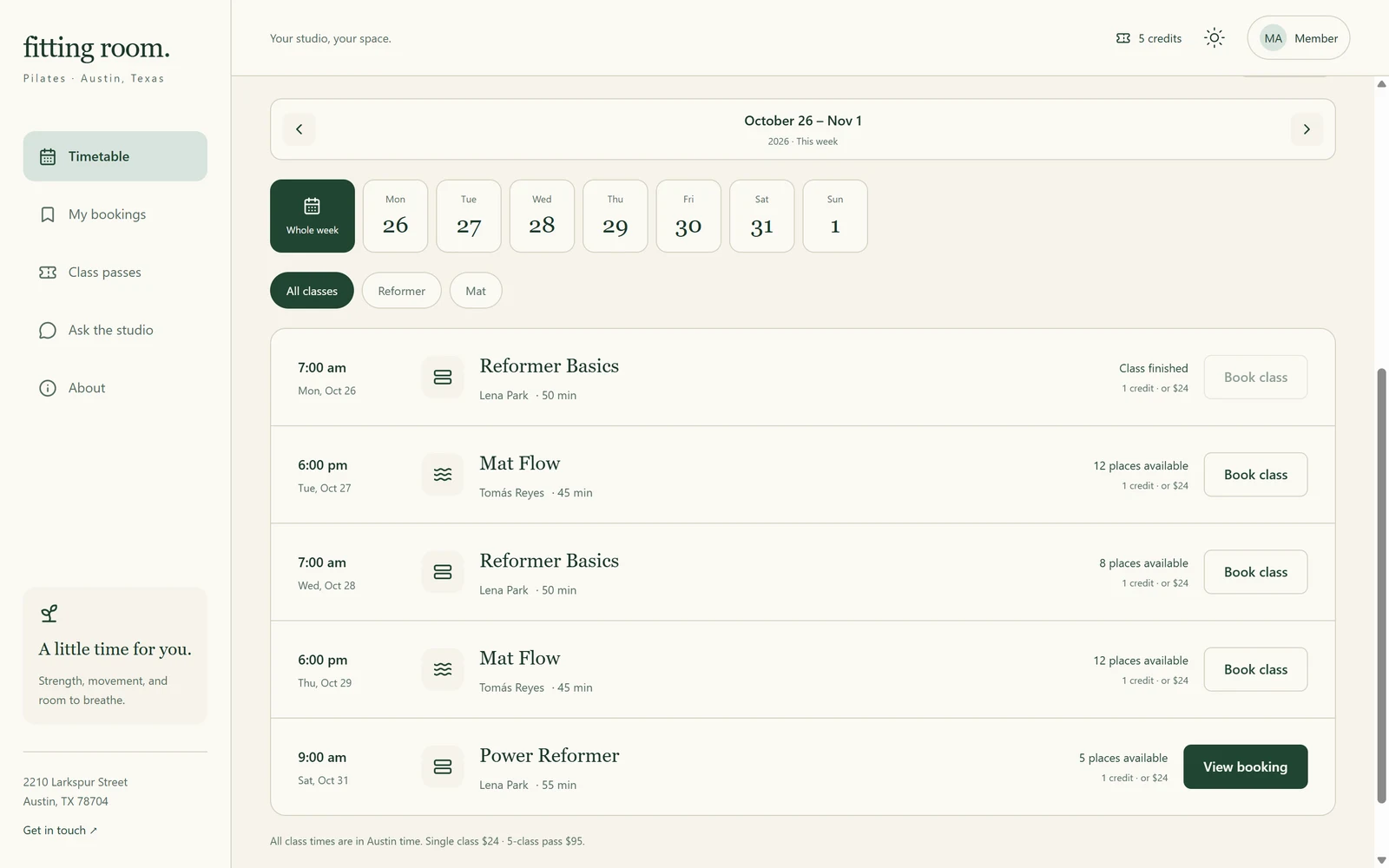 Draftbit test app member timetable in dark green and cream: five class rows from Monday to Saturday with times, instructors, places available and Book class buttons, and a View booking button on Power Reformer