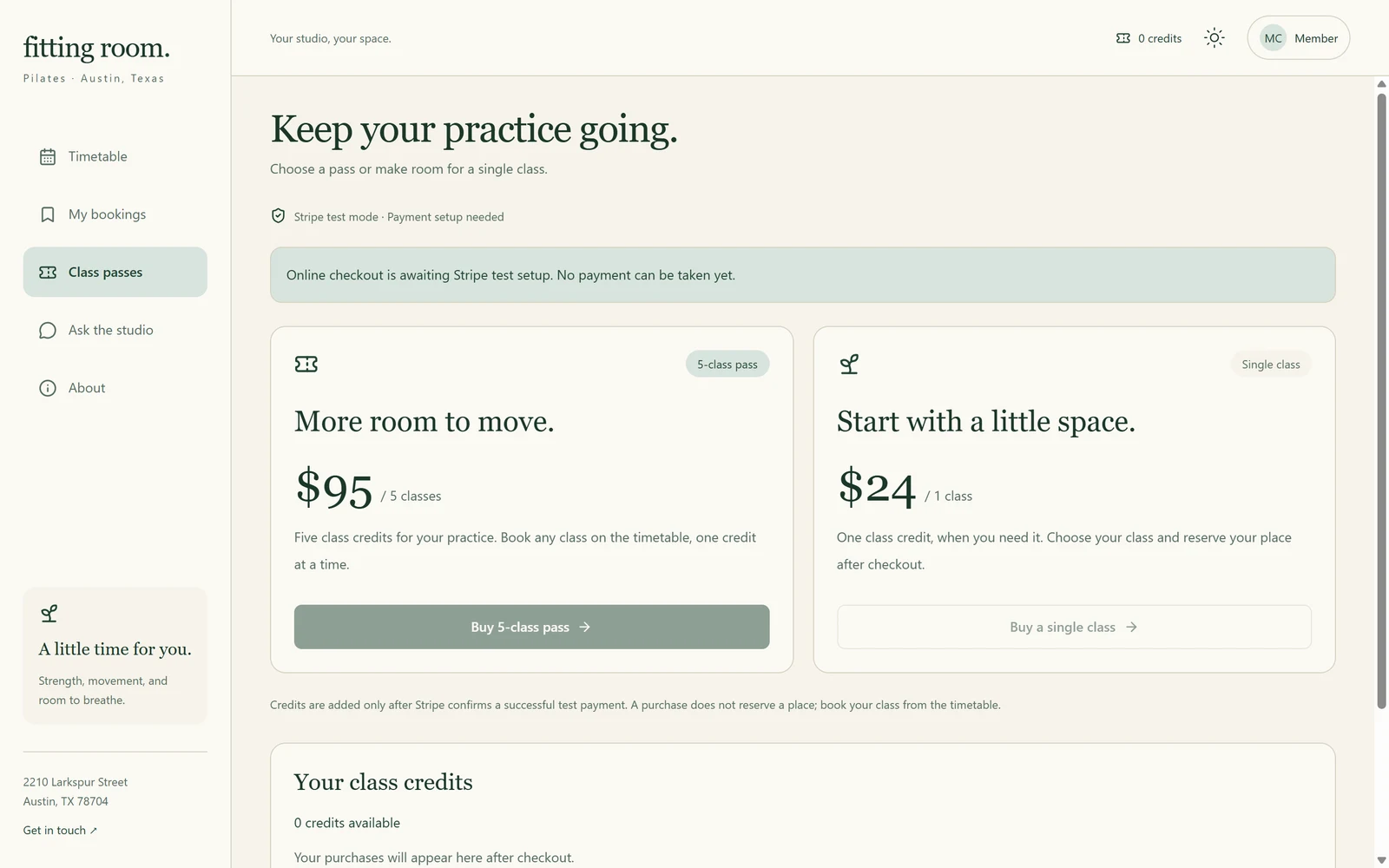 Draftbit test app class passes page: the 5-class pass at $95 and a single class at $24 with their Buy buttons switched off and a message that online checkout is awaiting Stripe test setup