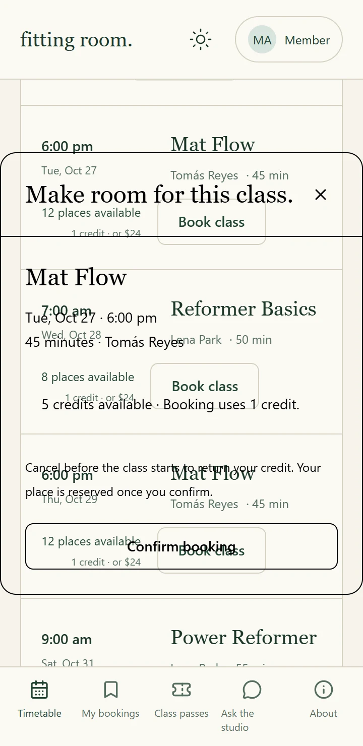 Draftbit test app on a 360 pixel phone: the Make room for this class window with its heading, class name, time and Confirm booking button printed over the timetable rows behind it