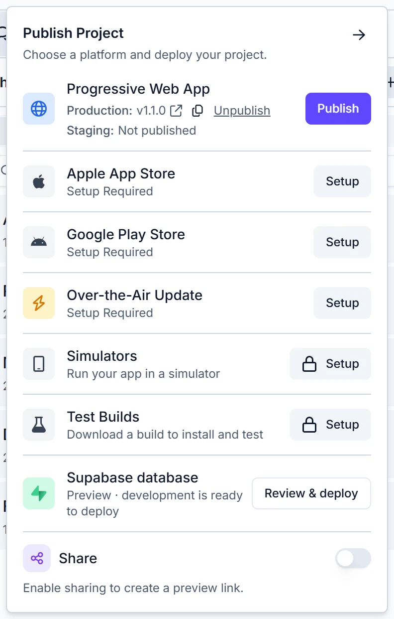 Draftbit Publish Project menu: Progressive Web App published as version 1.1.0 with Publish and Unpublish, Apple App Store, Google Play Store and Over-the-Air Update with Setup buttons, Simulators and Test Builds with padlocks, and a Supabase database Review and deploy button