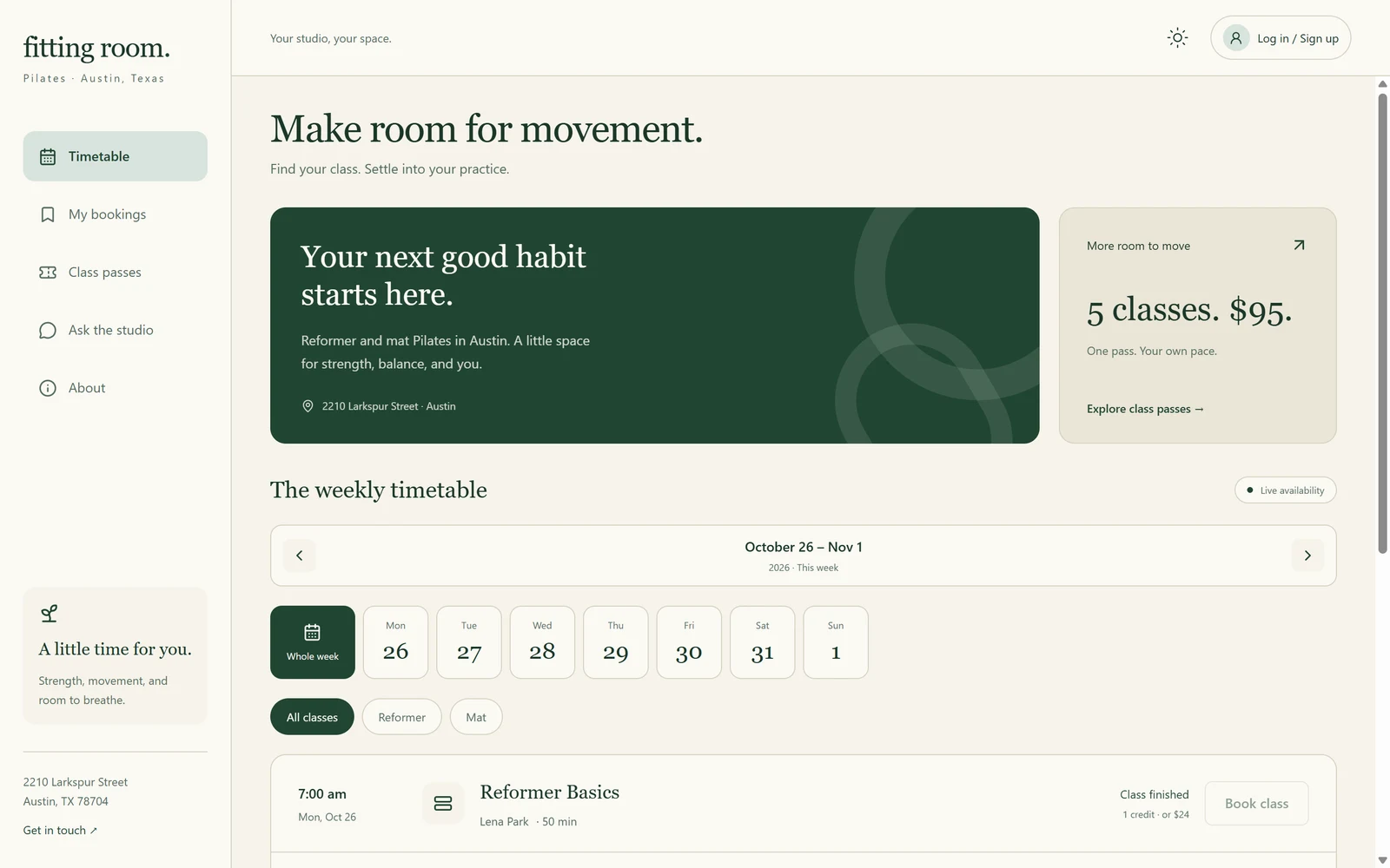 Draftbit test app home page in dark green and cream: Fitting Room, Make room for movement, a green card saying Your next good habit starts here and a 5 classes for $95 card, above the weekly timetable